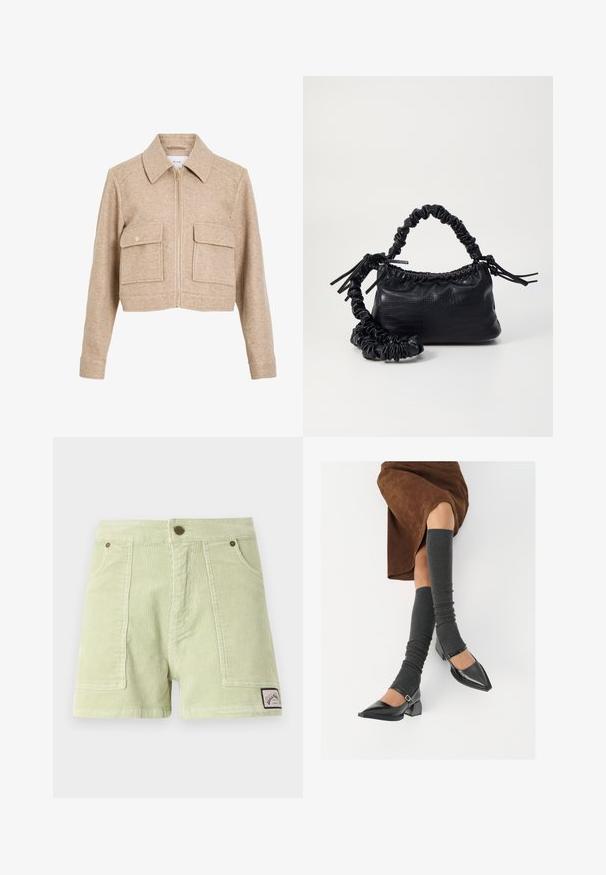 Beige skrátená bunda vyrobená z mäkkej tkaniny s predným zipsom, špicatým golierom, dvoma prednými vreckami a zlatými patentnými gombíkmi.; Zeleno-biele pruhované tričko s krátkym rukávom a okrúhlym výstrihom, vyrobené z mäkkej bavlny. Obsahuje rovnomerné horizontálne prúžky.; Svetlozelené kordové šortky s ryhovanou textúrou, dvoma prednými vreckami, zadným štítkom a kovovými gombíkmi.; Čierne lakované kožené topánky s špicatou špičkou, blokovým podpätkom a členkovým remienkom, ktoré sú kombinované so šedými rebrovanými legínami a hnedou zamšovou sukňou.; Čierna umelá kožená kabelka s kroko vzorom, sťahovaným vrchom a zhnutým popruhom. Vyzerá mäkko a kompaktné v dizajne.