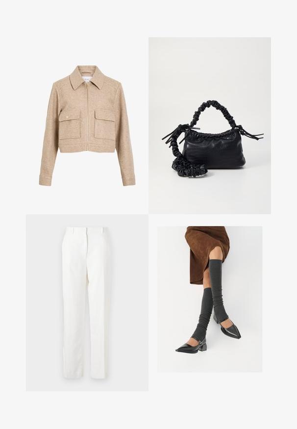 Veste courte beige en tissu doux avec fermeture éclair à l'avant, col pointu, deux poches avant et boutons-pression dorés.; T-shirt à manches courtes rayé vert et blanc avec un col rond, fabriqué en coton doux. Présente des rayures horizontales régulières.; Pantalon blanc à jambes droites en tissu léger avec une légère texture. Comprend des poches avant et un pli unique pour plus de détails.; Chaussures à bout pointu en cuir verni noir avec un talon bloc et une bride à la cheville, accompagnées de jambières en maille grise et d'une jupe en daim marron.; Sac à main en simili cuir noir avec une texture crocodile, un dessus resserré et une sangle froncée. A l'apparence douce et compacte.