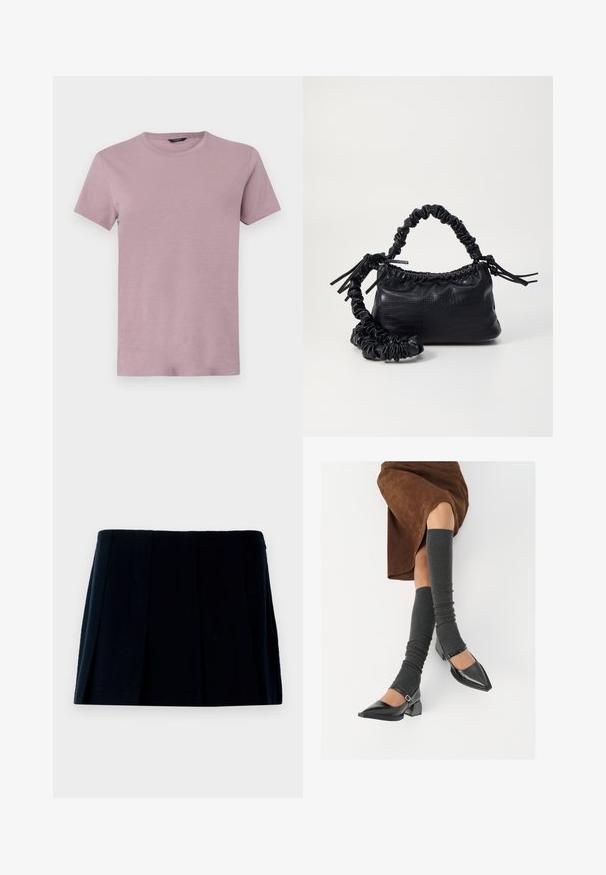 Beige skrátená bunda vyrobená z mäkkej tkaniny s predným zipsom, špicatým golierom, dvoma prednými vreckami a zlatými patentnými gombíkmi.; Pánske tričko s okrúhlym výstrihom v svetlom mauve, vyrobené z jemného materiálu. Krátke rukávy, klasický strih, s hladkou textúrou a bez viditeľných vzorov.; Čierna plisovaná mini sukňa vyrobená z textílie. Má priamy pás a množstvo vertikálnych skladov pre tvar a štruktúru.; Čierne lakované kožené topánky s špicatou špičkou, blokovým podpätkom a členkovým remienkom, ktoré sú kombinované so šedými rebrovanými legínami a hnedou zamšovou sukňou.; Čierna umelá kožená kabelka s kroko vzorom, sťahovaným vrchom a zhnutým popruhom. Vyzerá mäkko a kompaktné v dizajne.