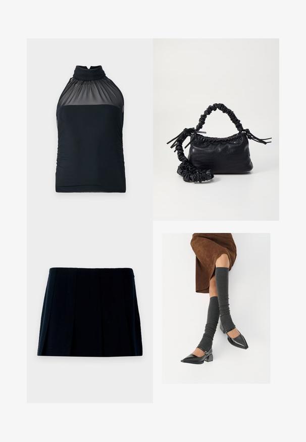 Jachetă scurtă bej, confecționată dintr-un material moale, cu fermoar în față, guler ascuțit, două buzunare frontale și nasturi cu efect aurit.; Top negru cu guler halter, având un decolteu din plasă translucidă și tissu strâns. Design ajustat, cu o textură netedă și ușoare cute pe laterale.; Fustă mini plisată neagră din material. Are un tiv drept și multiple pliuri verticale pentru formă și textură.; Pantofi negri din piele lacuită, cu vârful ascuțit, toc bloc și curea la glezna, asortați cu jambiere gri cu nervuri și o fustă din suede maro.; Geantă din faux leather neagră cu textură de crocodil, cu partea superioară strânsă și o curea mototolită. Pare moale și compactă ca design.