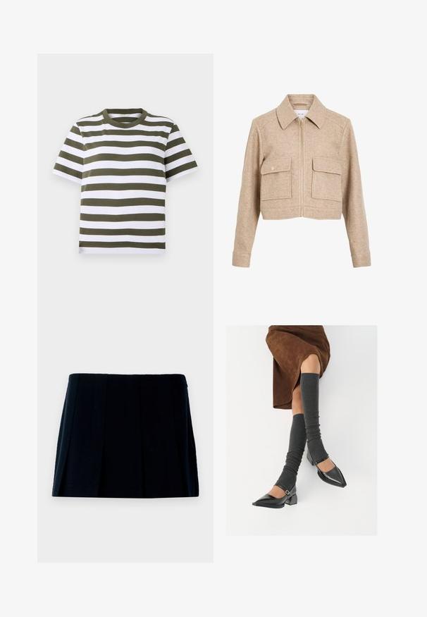 Beige kurze Jacke aus weichem Stoff mit einem Reißverschluss vorne, spitzem Kragen, zwei vorderen Taschen und goldfarbenen Druckknöpfen.; Grünes und weiß gestreiftes T-Shirt mit kurzen Ärmeln und rundem Halsausschnitt, aus weichem Baumwollstoff. Verfügt über gleichmäßige horizontale Streifen.; Schwarzer, plissierter Minirock aus Stoff. Besitzt einen geraden Bund und mehrere vertikale Falten für Form und Textur.; Schwarze lacklederne spitze Schuhe mit Blockabsatz und Knöchelriemen, kombiniert mit grauen gerippten Beinstulpen und einem braunen Wildlederrock.