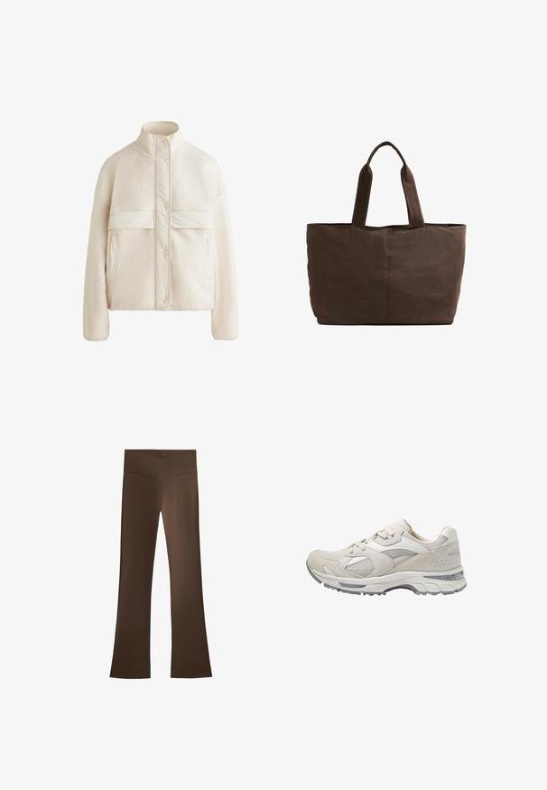 Veste en polaire couleur crème avec un col haut, des boutons-pression et une bande horizontale sur la poitrine. Possède deux poches avant.; Pull en maille côtelée marron avec un col rond et des manches raglan. Présente une longueur cropped et un tissu texturé. Aucun moyen de fermeture visible.; Pantalons évasés marron avec une taille haute présentant un design entrecroisé. Fabriqués en un matériau lisse et extensible pour le confort et l'ajustement.; Chaussure de sport gris clair présentant une combinaison de matériaux en maille et en daim, avec une semelle rembourrée et plusieurs motifs de texture.; Sac tote en tissu marron avec deux poignées robustes, forme rectangulaire, détails de couture minimalistes et texture lisse.
