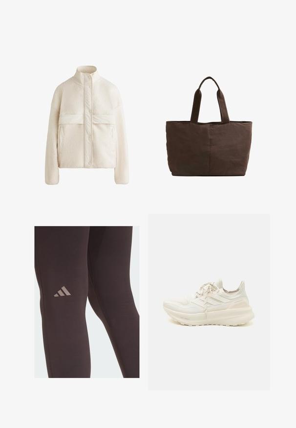 Cream-colored fleece jacket with a high collar, snap buttons, and a horizontal band across the chest. Features two front pockets.; Brown ribbed knit sweater with a round neckline and raglan sleeves. Features a cropped length and textured fabric. No visible fastenings.; Black athletic leggings with a smooth texture, featuring a subtle brown Adidas logo on the thigh and reinforced stitching details.; White athletic shoe featuring a textured upper, three-stripe design, light cushioning, and a split-color heel accent. Lightweight sole technology.; Brown fabric tote bag with two sturdy handles, rectangular shape, minimal stitching details, and a smooth texture.