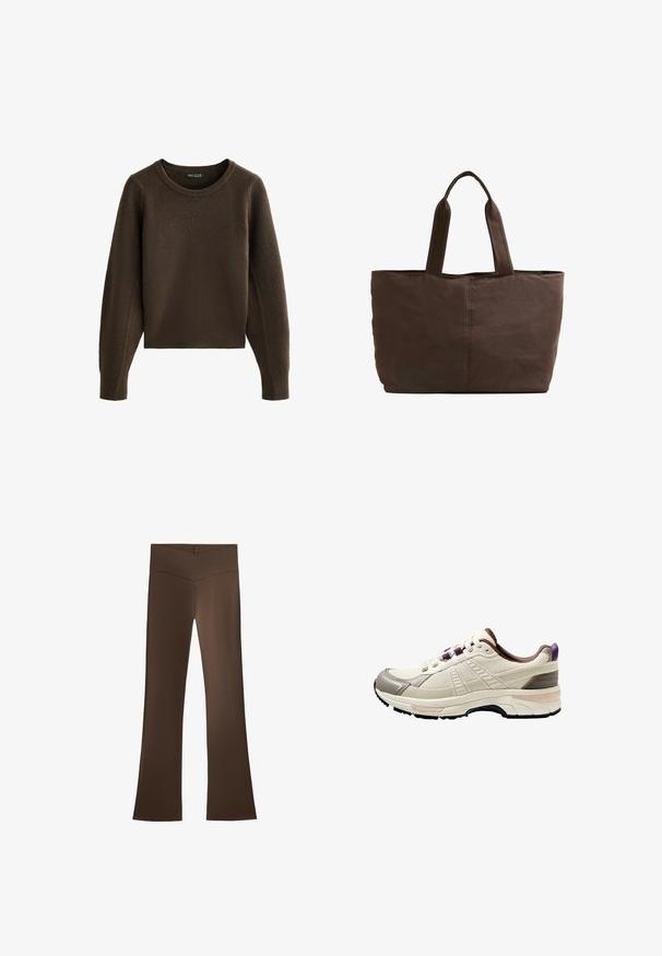 Kremno barvana flis jakna z visokim ovratnikom, pritisnimi gumbi in vodoravno pasico čez prsa. Ima dve sprednji žep.; Rjav rebrast pleten sveter z okroglim izrezom in raglan rokavi. Ima skrajšano dolžino in teksturirano tkanino. Brez vidnih zapiranj.; Rjave široke hlače z visokim pasom, ki imajo obliko križca. Narejene so iz gladkega in elastičnega materiala za udobje in prileganje.; Lahka športna obutev v krem barvi, z zgornjim delom iz teksturirane mrežice, sivimi poudarki, vijoličnim jezičkom na peti in oblazinjeno črno gumijasto podplatom.; Rjava platnena torba z dvema trdnima ročajema, pravokotne oblike, minimalni šivi in gladka tekstura.