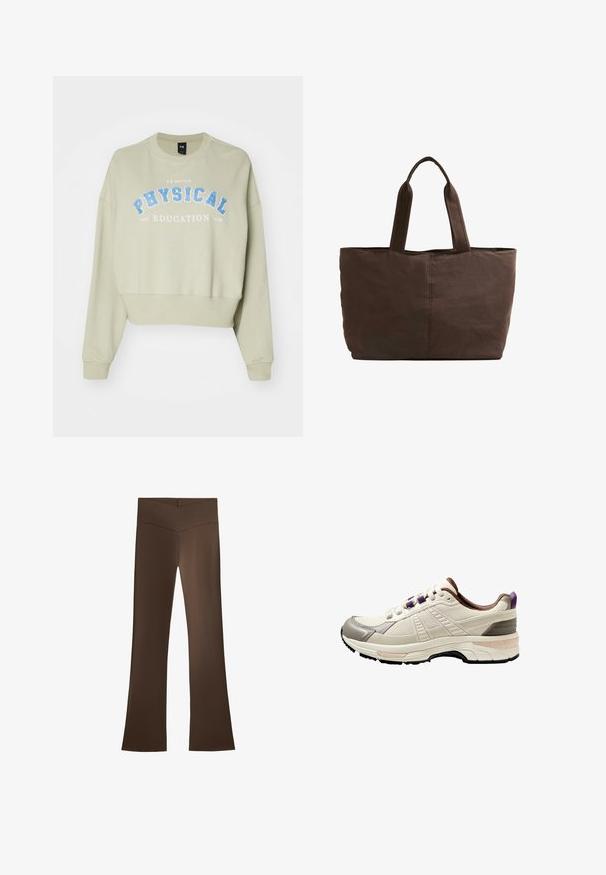 Crème-kleurige fleecejas met een hoge kraag, drukknoopsluitingen en een horizontale band over de borst. Bevat twee zijzakken.; Afgeknotte sweatshirt van zachte, lichtgroene katoen met blauwe opdruk "FYSIEKE OPVOEDING". Kenmerkt ribbels aan de mouwen en ronde hals.; Bruine flared broek met een hoge tailleband met een kruisontwerp. Gemaakt van een soepele, rekbare stof voor comfort en een goede pasvorm.; Lichtbeige sportshoe met donkergrijze accenten, geweven bovenkant met textuur, paarse veters en een gelaagde zool.; Bruine stoffen tote bag met twee stevige handvatten, rechthoekige vorm, minimale stikdetails en een gladde textuur.