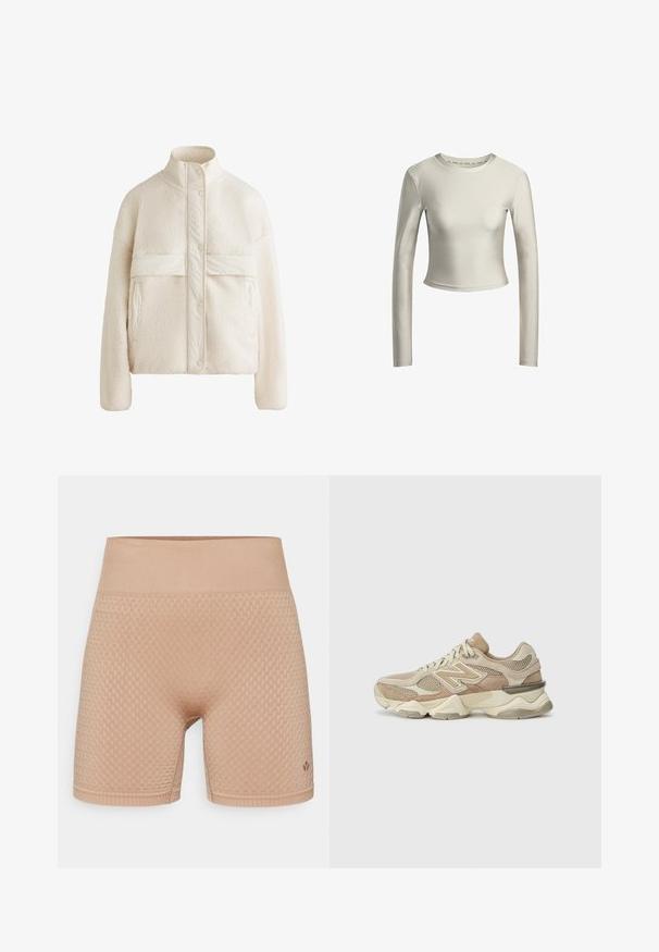 Giacca in pile color crema con colletto alto, bottoni a pressione e una banda orizzontale sul petto. Presenta due tasche frontali.; Crop top a maniche lunghe di colore crema chiaro, realizzato in tessuto morbido e elasticizzato con scollo rotondo e design minimalista.; Even&Odd active MID RISE SEAMLESS CYCLING SHORTS WITH RIBBED WAISTBAND
- Leggings - dark brown; Scarpe da ginnastica beige con materiali in rete e suede, punta rotonda, suola spessa e notevoli dettagli riflettenti sui lati.