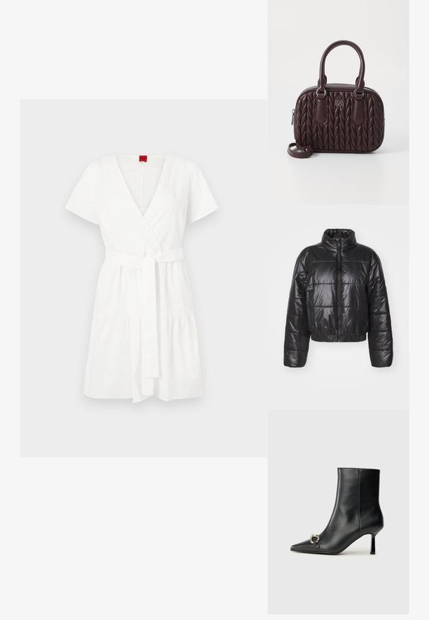 Black puffer jacket made of shiny, quilted material, featuring a high collar, zip closure, and elasticated hem and cuffs.; White wrap dress made of cotton, featuring short sleeves, a v-neckline, a belted waist, and a gathered tier at the hem.; Black leather ankle boot with pointed toe, slim mid-height heel, and silver buckle detail on side against plain background.; Burgundy leather handbag with quilted pattern, dual top handles, and removable strap. Features silver-tone hardware and embossed logo.
