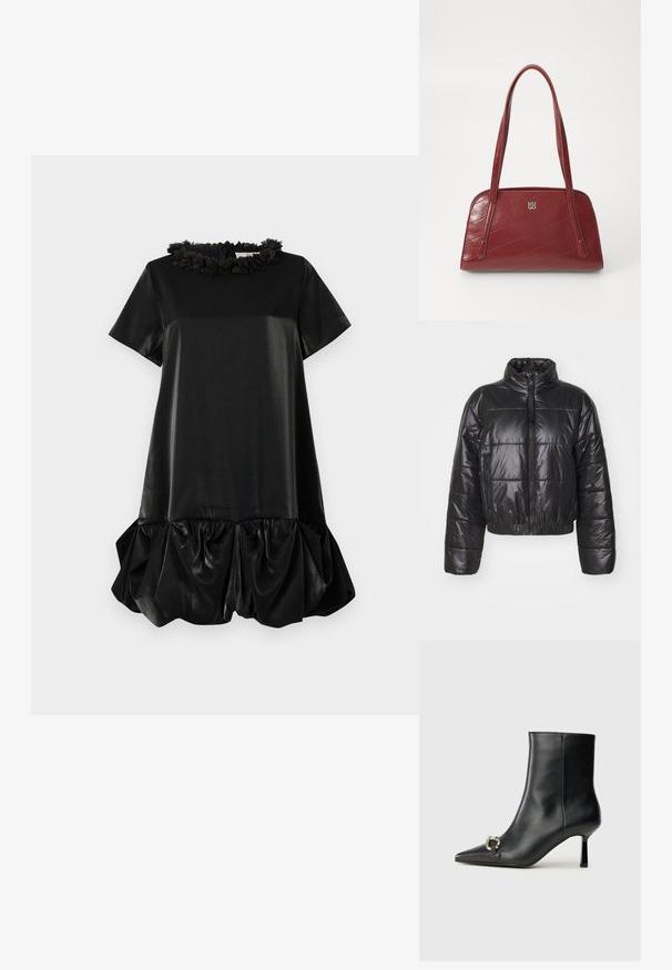 Fekete pufferek, fényes, steppelt anyagból készült, magas gallérral, cipzáros zárással, valamint elasztikus derékkal és mandzsettákkal rendelkezik.; Fekete, rövid ujjú ruha sima anyagból, fodros virágmintás gallérral és dús, összegyűrt szegéllyel a gazdagabb textúráért.; Fekete bőr bokacsizma hegyes orral, vékony közép magasságú sarokkal és ezüst csattal az oldalon, sima háttér előtt.; Fényes anyagból készült, piros steppelt kézitáska, amely két hosszú fogantyúval és egy ezüst logós kiemeléssel rendelkezik. A ferde varrás textúrát kölcsönöz neki.