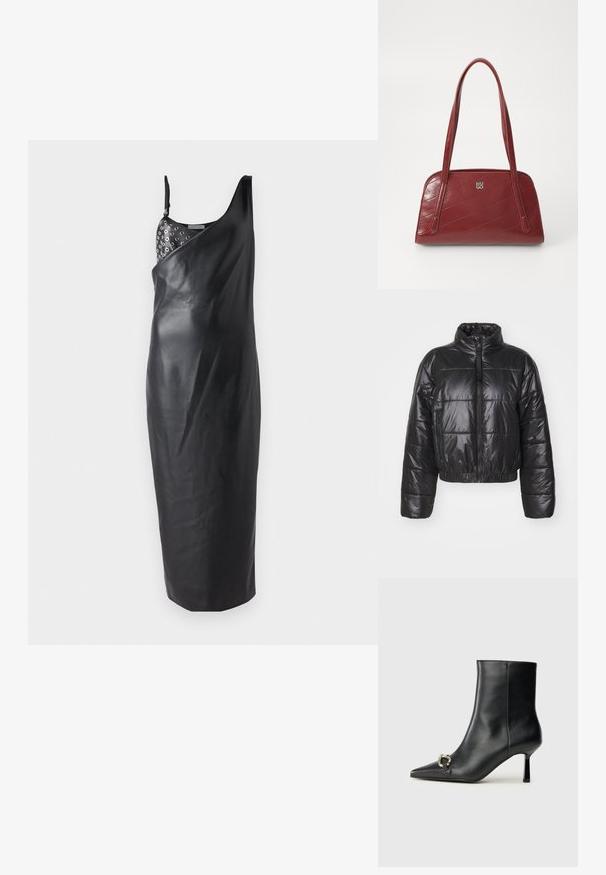 Svart puffjakke laget av blankt, quiltet materiale, med høy krage, glidelås og elastisk hem og mansjetter.; Svart skinn midi-kjole med en enkelt skulderstropp, som har et dekorativt mønster av metalliske hull ved halsen og en glatt tekstur.; Sorte lær ankle boot med spiss tå, slank mid-høyde hæl og sølvspenne på siden mot en enkel bakgrunn.; Rød quiltet håndveske laget av glinsende materiale, med to lange håndtak og en sølvlogo som detalj. Diagonal søm skaper tekstur.