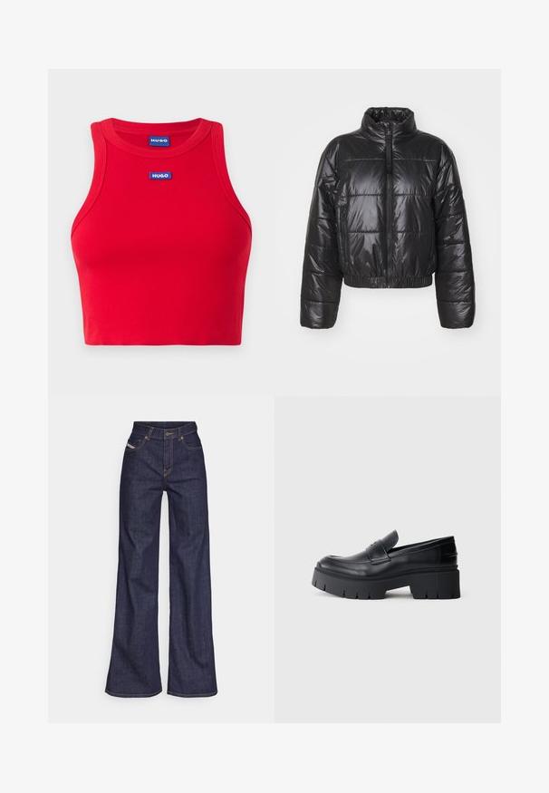 Svart puffjakke laget av blankt, quiltet materiale, med høy krage, glidelås og elastisk hem og mansjetter.; Rød ribbet crop top laget av bomull med rund hals. Har blå 'HUGO'-logo på forsiden, og viser en figursydd design.; Mørkeblå vide jeans i denim med høy midje, med oransje sømmer, fem-lomme-design og knappelukking.; Svart chunky plattform loafers med glatt lær overdel, dekorativ stropp og tykk teksturert såle på hvit bakgrunn.