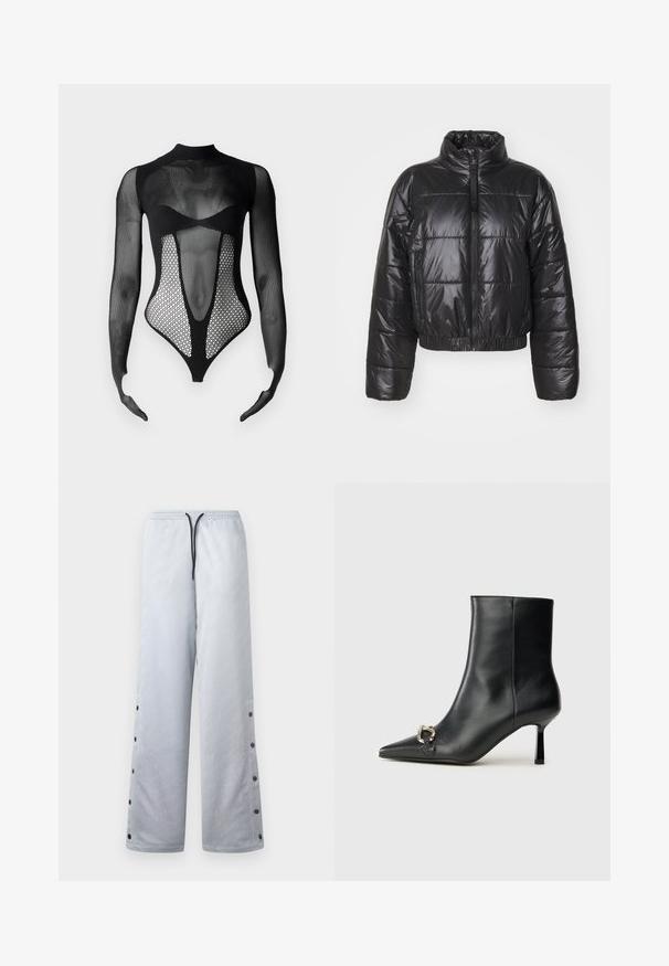 Black puffer jacket made of shiny, quilted material, featuring a high collar, zip closure, and elasticated hem and cuffs.; GCDS SEAMLESS LONG SLEEVES BODY - Long sleeved top - nero; Light gray track pants with a shiny texture, featuring an elastic waistband, black drawstring, and snap buttons along the side seams.; Black leather ankle boot with pointed toe, slim mid-height heel, and silver buckle detail on side against plain background.