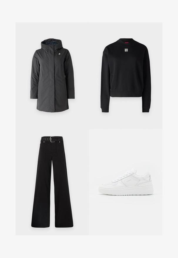 K-Way SOPHIE SOFT TOUCH - Winter coat - black/blue; Black sweatshirt made of soft fabric, featuring a round neckline and ribbed cuffs. "HUGO" logo in white is centered on the chest.; Black wide-leg trousers made from cotton, featuring a high waist, large side pockets, and a belted waist with silver hardware accents.; White sneakers with a smooth leather upper, perforated detailing, and a thick rubber sole. Features minimal branding and a lace-up design.