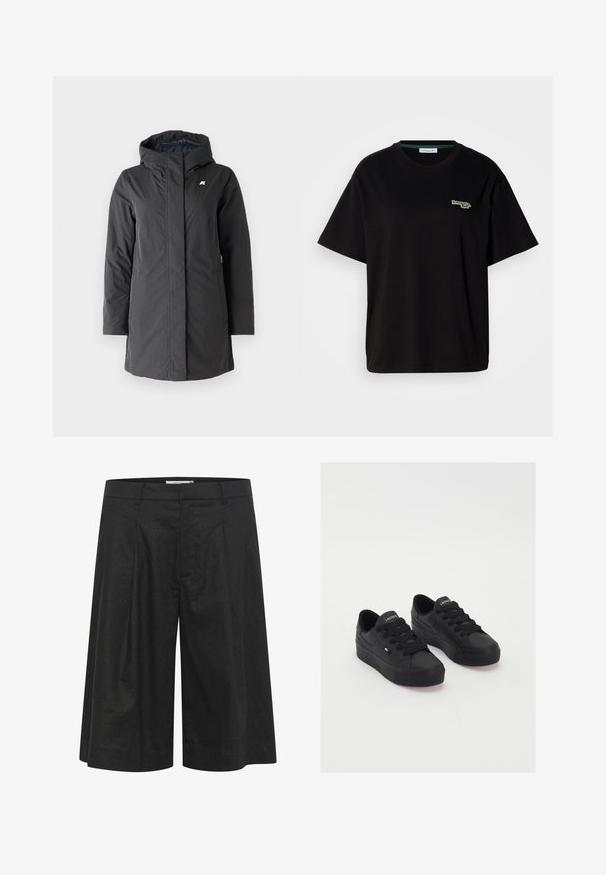 K-Way SOPHIE SOFT TOUCH - Zimný kabát - black/blue; Čierne bavlnené tričko s krátkymi rukávmi, s malým zeleným logom na ľavej strane hrude. Klasický okrúhly výstrih, voľný strih.; Čierne nohavice s voľným, širokým strihom, so skladaným predným dielom a hladkým povrchom. Vyrobené z ľahkej tkaniny. Sedí na páse.; Čierne nízke tenisky vyrobené z hladkého materiálu, s hrubými šnúrkami, textúrovanou podrážkou a malým logom na boku a na jazyku.