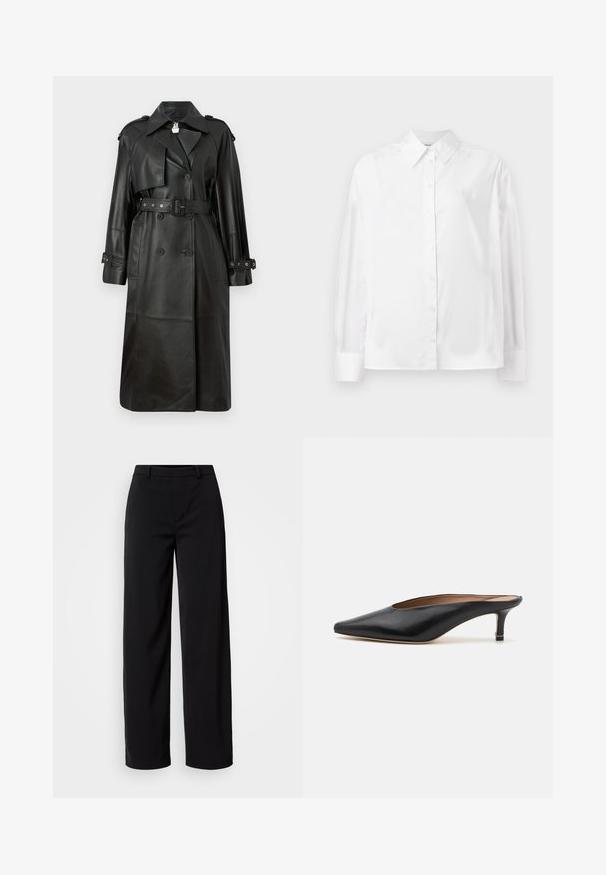 Zwarte leren trenchcoat met een ceintuur in de taille, dubbele knopen, scherpe kraag en geperforeerde details op de mouwen.; Witte langemouwige button-up shirt in een gladde katoenmix. Voorzien van een klassieke kraag, een knoopsluiting aan de voorkant en afgeronde manchetten.; Zwarte wijde broek van soepel materiaal, met een klassieke tailleband en een op maat gemaakte silhoët met zijzakken.; Zwarte leren muiltjes met een puntige neus en een lage, blokhak. Glad oppervlak met een gestroomlijnd ontwerp. Open achterkant met minimale details.