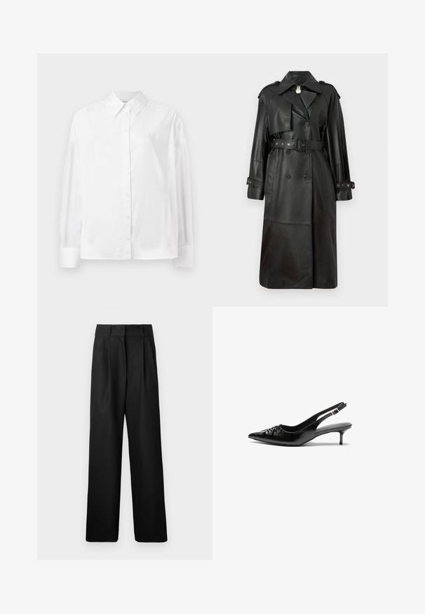 Black leather trench coat with a belted waist, double-breasted buttons, sharp collar, and perforated detailing on sleeves.; White long-sleeve button-up shirt in a smooth cotton blend. Features a classic collar, front button closure, and rounded cuffs.; Black wide-leg trousers with a smooth texture, featuring front pleats and a high waist design. Made from a lightweight fabric.; Black leather slingback heels with a pointed toe, small kitten heel, and a decorative knot detail on the front. Smooth texture throughout.