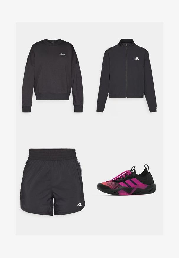 adidas Performance TRAIN ESSENTIALS 3 STRIPES WARM UP - Treniņjaka - black/white; Tumši pelēka džempera veste no kokvilnas maisījuma, ar apaļu kakla izgriezumu, garām piedurknēm un "adidas" logotipu izšūtu uz krūtīm.; Melnas sporta bikses ar elastīgu jostu, sānu kabatām un baltām svītrām uz sāniem. Izgatavotas no viegla materiāla.; Melnas un rozā sporta kurpes ar teksturētu virsmu, rakstainu dizainu, izteiktām auklām un masīvu zolīti ar rozā akcentiem.