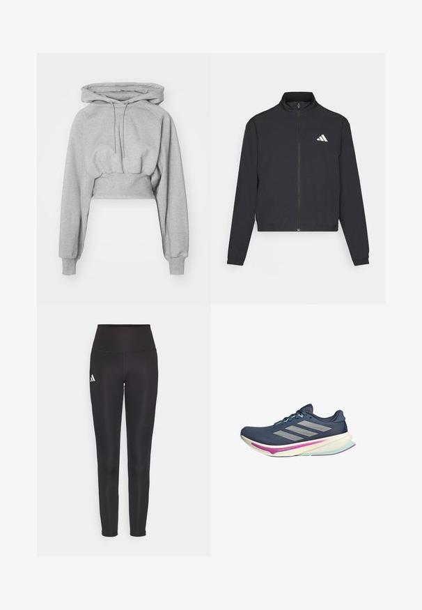 adidas Performance TRAIN ESSENTIALS 3 STRIPES WARM UP - Športna jakna/jopica - black/white; Skrajšana kapuca v svetlo sivi barvi, narejena iz mehke tkanine. Ima kapuco, vrvico in rebraste manšete. Gladka tekstura brez vzorcev.; Črne pajkice z visokim pasom, izdelane iz raztegljive tkanine. Imenuje jih bela oznaka na levi strani in elegantna, brezšivna zasnova. Gladka tekstura.; Mornarske tekaške čevlje z mrežasto zgornjico, srebrnimi črtami, metinimi poudarki in oblazinjenim podplatom z roza in teal detajli za udobje.