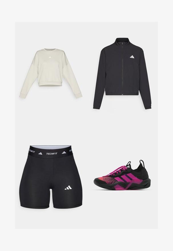 adidas Performance TRAIN ESSENTIALS 3 STRIPES WARM UP - Casaco de treino - black/white; Suéter claro em tom bege, com mangas longas, punhos canelados e um decote redondo. Apresenta um pequeno logotipo branco no peito.; Calções pretos feitos de um tecido elástico com um design ajustado. Apresentam uma ampla faixa na cintura preta rotulada como "TECHFIT" e um logótipo branco na perna.; Sapatilha atlética preta e rosa com um upper texturizado, design padrão, atacadores proeminentes e uma sola robusta com detalhes em rosa.