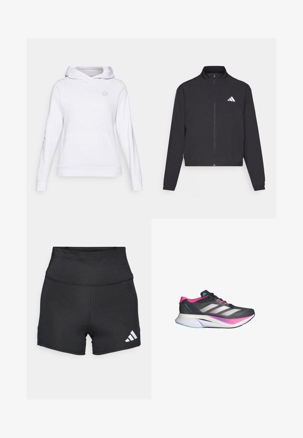 adidas Performance TRAIN ESSENTIALS 3 STRIPES WARM UP - Giacca sportiva - black/white; Felpa bianca con cappuccio realizzata in tessuto morbido, dotata di tasca a marsupio, polsini e orlo a coste, con un piccolo logo grigio sul petto.; adidas Performance Leggings - black; Scarpa da corsa con una tomaia in mesh grigia, dettagli in rosa e strisce bianche. Presenta una suola ammortizzata e un design slanciato e aerodinamico.