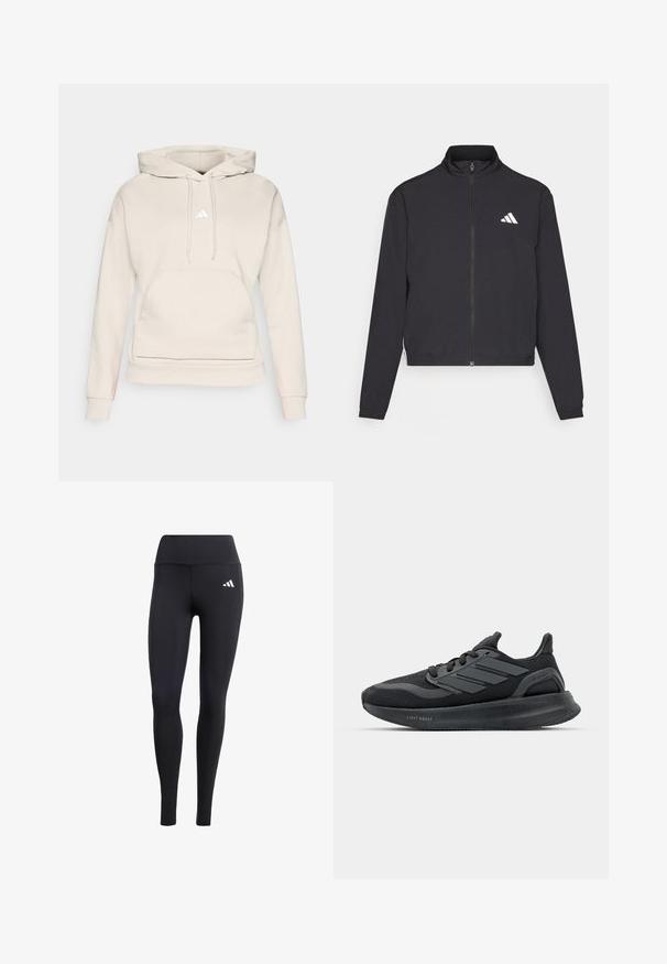adidas Performance TRAIN ESSENTIALS 3 STRIPES WARM UP - Casaco de treino - black/white; Hoodie bege claro feito de um tecido macio, com um bolso canguru na frente, capuz com cordão e um pequeno logótipo branco no peito.; Leggings pretas feitos de material elástico, com uma cintura alta e um pequeno logótipo branco, com um acabamento suave e mate.; Ténis atléticos pretos com parte superior em malha, painéis texturizados, detalhe de três riscas e sola curva identificada como "LIGHT BOOST."