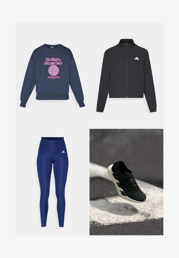 adidas Performance TRAIN ESSENTIALS 3 STRIPES WARM UP - Tréningová bunda - black/white; Námornícky modrý sveter s okrúhlym výstrihom, s ružovým grafickým textom "Stockholm Monte Carlo" a dizajnom zeme s nápisom "Tennis Club" pod ním.; Námornícke modré legíny vyrobené z elastického materiálu s vysokým pásom. Na prednej ľavej nohavici sa nachádza biele logo Adidas.; Čierna atletická obuv s bielou vrúbkovanou podrážkou visí nad asfaltom s bielymi cestnými značkami a rozptýlenou špinou.