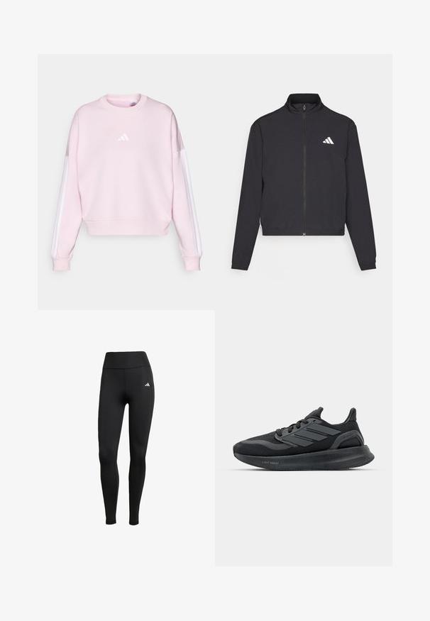 adidas Performance TRAIN ESSENTIALS 3 STRIPES WARM UP - Casaco de treino - black/white; Sweatshirt rosa claro com decote redondo, punhos canelados e três riscas brancas ao longo das mangas. Apresenta um pequeno logótipo branco no peito.; Leggings atléticos pretos com uma cintura alta. Feitos de um tecido elástico com um detalhe do logótipo branco no lado superior esquerdo.; Ténis atléticos pretos com parte superior em malha, painéis texturizados, detalhe de três riscas e sola curva identificada como "LIGHT BOOST."