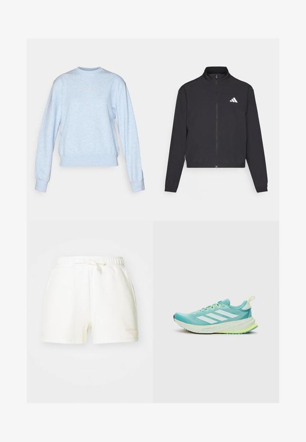 adidas Performance TRAIN ESSENTIALS 3 STRIPES WARM UP - Treniņjaka - black/white; Gaiši zilas krāsas džemperis, kas izgatavots no mīksta auduma. Ar apaļu apkakli, garām piedurknēm un ribotiem maliem, centrā ir diskreta logo.; Baltas kokvilnas šorts ar elastīgu jostu un sasietu akcentu. Iezīmē sānu kabatas un mazu apdrukātu logo gaiši oranžā krāsā.; Gaiši zila skriešanas apava ar baltām svītrām, teksturēta augšdaļa, mīkstināta apkakle un dzeltenzaļi akcenti uz zoles un auklām.