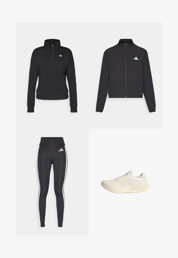 adidas Performance TRAIN ESSENTIALS 3 STRIPES WARM UP - Jakna za treniranje - black/white; Crni flis pulover s polu-zip ovratom, dugim rukavima i prilagođenim pojasom. Ima bijeli logo na lijevoj strani prsnog koša.; Crne tajice visokog struka, s bijelim bočnim prugama i malim bijelim logotipom na gornjem lijevom bedru. Izrađene od glatkog, rastezljivog materijala.; Svijetlosmeđi atletski tenisice s mrežastim gornjim dijelom, ravnim vezicama i mekanim potplatima. Imaju dizajn s tri pruge na bočnoj strani.