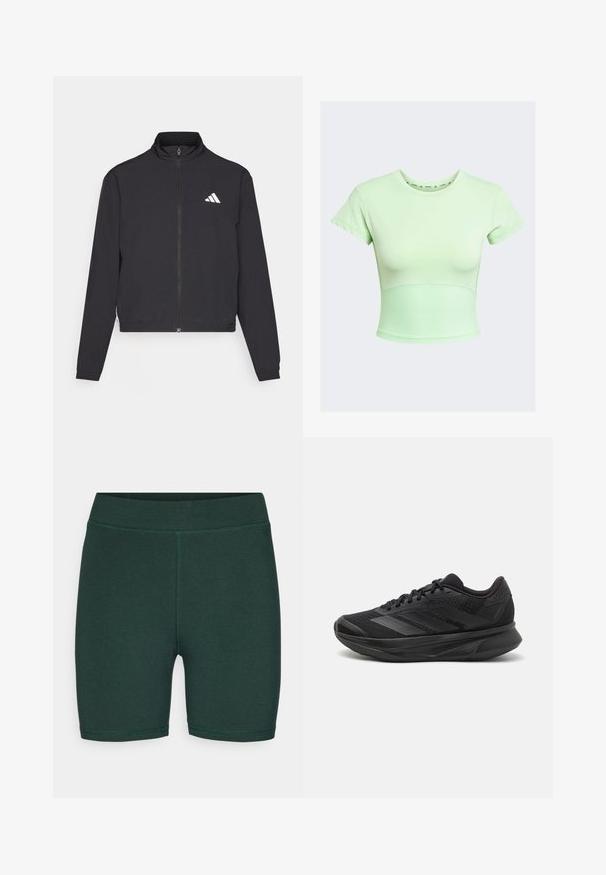 adidas Performance TRAIN ESSENTIALS 3 STRIPES WARM UP - Giacca sportiva - black/white; Top corto fitted verde chiaro con maniche corte, texture a costine in vita e scollatura rotonda. Presenta un sottile logo del marchio.; ONLY Play ONPNOON LIFE SHORTS - Leggings - scarab; Scarpa da corsa nera con tomaia in rete traspirante, punta rotonda, design elegante, dettagli testurizzati e suola ammortizzata per il comfort.