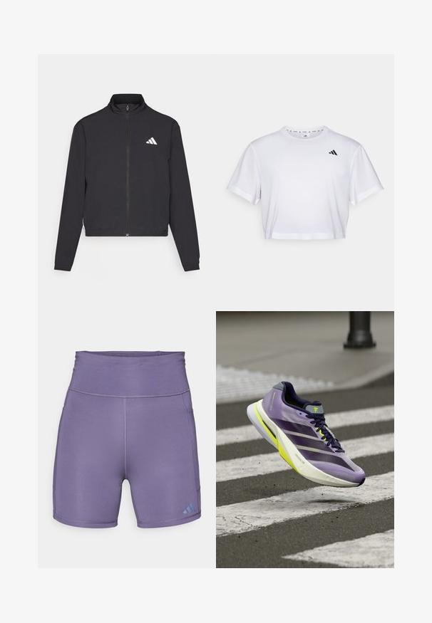 adidas Performance TRAIN ESSENTIALS 3 STRIPES WARM UP - Veste de survêtement - black/white; T-shirt blanc court en tissu doux, avec des manches courtes et un col rond. Logo noir sur la poitrine gauche.; Shorts de sport violets avec une taille haute, texture lisse, et logo bleu contrastant en bas à gauche. Présente des coutures à plat.; Chaussure de course violette avec une tige en maille, des accents jaune vif, une semelle intermédiaire blanche et un design léger, représentée en l'air au-dessus d'un passage piéton.