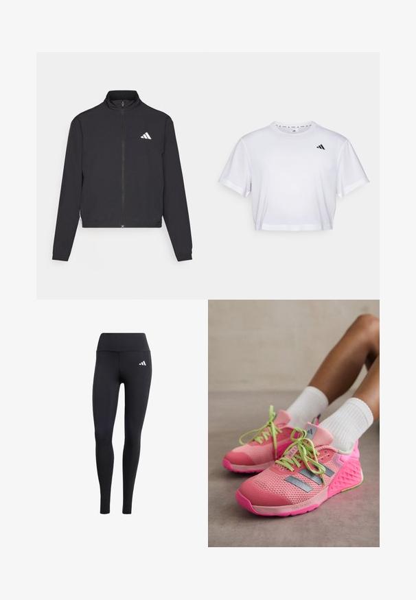adidas Performance TRAIN ESSENTIALS 3 STRIPES WARM UP - Casaco de treino - black/white; T-shirt branca corta feita de tecido suave, com mangas curtas e decote redondo. Logotipo preto no lado esquerdo do peito.; Leggings pretas feitos de material elástico, com uma cintura alta e um pequeno logótipo branco, com um acabamento suave e mate.; adidas Performance DROPSET 3 - Sapatilha de treino - semi pink spark/iron metallic/silver dawn