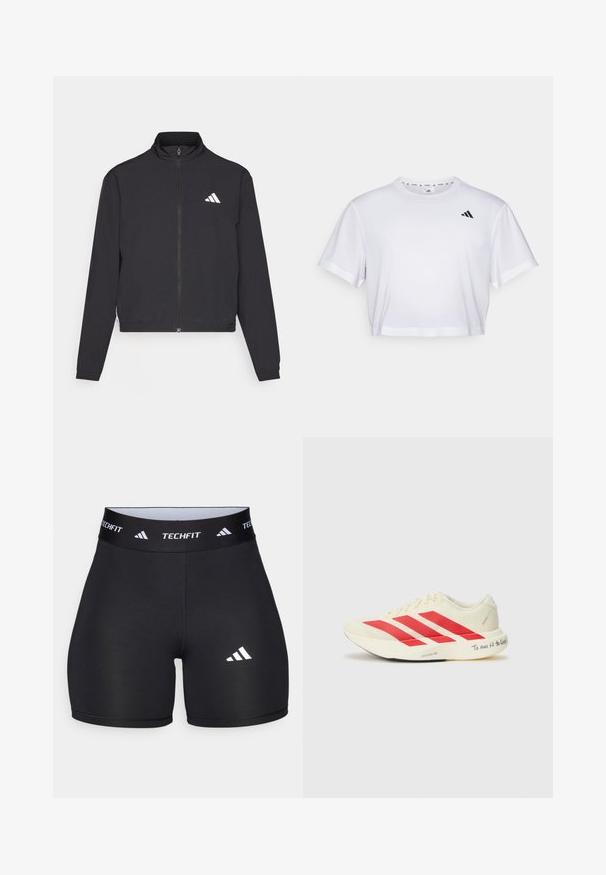 adidas Performance TRAIN ESSENTIALS 3 STRIPES WARM UP - Giacca sportiva - black/white; T-shirt bianco cropped realizzato in tessuto morbido, con maniche corte e scollo rotondo. Logo nero sul lato sinistro del petto.; Shorts neri realizzati in tessuto elastico con un design aderente. Presentano una larga fascia in vita nera etichettata "TECHFIT" e un logo bianco sulla gamba.; Scarpe da corsa con una tomaia color crema, strisce diagonali rosse, una texture liscia e un'iscrizione notevole sulla suola: "Correre significa vivere!"