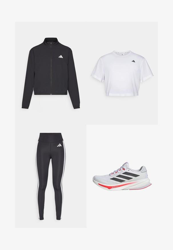 adidas Performance TRAIN ESSENTIALS 3 STRIPES WARM UP - Trainingsvest - black/white; Witte cropped t-shirt gemaakt van zachte stof, met korte mouwen en een ronde hals. Zwart logo op de linkerborst.; Zwarte legging met hoge taille, voorzien van witte zijkanten en een klein wit logo op de linkerbovenbeen. Gemaakt van een gladde, rekbare stof.; Witte sportschoen met zwarte accenten en rode details. Voorzien van een bovenwerk van mesh, een gewatteerde kraag en een gestructureerde zool voor grip.