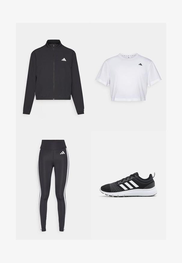 adidas Performance TRAIN ESSENTIALS 3 STRIPES WARM UP - Casaco de treino - black/white; T-shirt branca corta feita de tecido suave, com mangas curtas e decote redondo. Logotipo preto no lado esquerdo do peito.; Leggings pretos com cintura alta, apresentando listras laterais brancas e um pequeno logotipo branco na parte superior da coxa esquerda. Feitas de material liso e elástico.; adidas Performance FLUIDUP - Sapatilha de treino - core black/footwear white/grey five