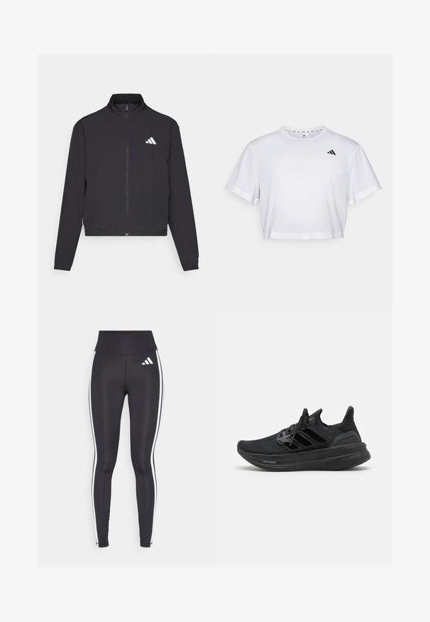 adidas Performance TRAIN ESSENTIALS 3 STRIPES WARM UP - Trainingsjacke - black/white; Weißes, kurzes T-Shirt aus weichem Stoff, mit kurzen Ärmeln und rundem Ausschnitt. Schwarzes Logo auf der linken Brust.; Schwarze Leggings mit hohem Bund, ausgestattet mit weißen Seitenstreifen und einem kleinen weißen Logo am oberen linken Oberschenkel. Hergestellt aus glattem, dehnbarem Material.; Schwarze Sportschuhe mit einem atmungsaktiven Strick-Obermaterial, strukturiertem Design, den charakteristischen drei Streifen und einer dicken, gepolsterten Sohle mit der Bezeichnung "LIGHT BOOST".