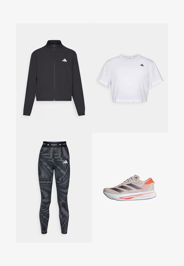 adidas Performance TRAIN ESSENTIALS 3 STRIPES WARM UP - Giacca sportiva - black/white; T-shirt bianco cropped realizzato in tessuto morbido, con maniche corte e scollo rotondo. Logo nero sul lato sinistro del petto.; Leggings con motivo nero e grigio, dal fit aderente, realizzati in materiale liscio, con un elastico in vita etichettato "TECHFIT" e logo a tre strisce.; Scarpa da corsa Adidas beige e corallo con strisce nere, suola bianca e testo "ADIZERO SL" sul lato del tallone.