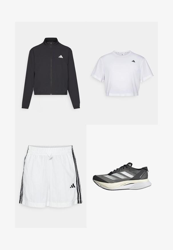 adidas Performance TRAIN ESSENTIALS 3 STRIPES WARM UP - Jakna za treniranje - black/white; Bijela skraćena majica od mekog materijala, s kratkim rukavima i okruglim izrezom. Crni logo na lijevoj strani prsnog koša.; Bijele atletske kratke hlače s elastičnim pojasom, detaljem vezice, bočnim crnim prugama i logotipom branda u crnoj boji na donjoj lijevoj strani.; Crno-bijela trkaća cipela s pletenim gornjim dijelom, tri bočna pruga, lagani đon i teksturirani detalji na mrežici.