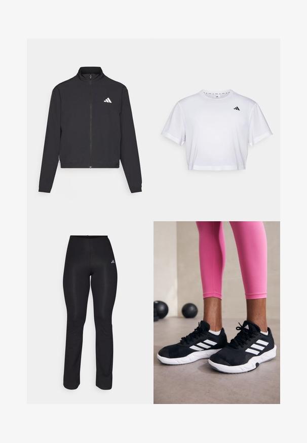 adidas Performance TRAIN ESSENTIALS 3 STRIPES WARM UP - Sportinė striukė - black/white; Balta trumpa marškinėliai, pagaminti iš švelnios medžiagos, su trumpomis rankovėmis ir apvaliu iškirpimu. Juodas logotipas kairėje krūtinės pusėje.; Juodi sportiniai džinsai su prigludusia forma, elastingu juosmeniu ir subtiliu blizgesiu. Yra mažas baltas logotipas kairėje klubo pusėje.; Juodi sportiniai bateliai su baltais dryžiais, tekstūruota tinklinė viršutinė dalis ir balti padai. Dėvimi su rožiniais leggingais, demonstruojant treniruočių aprangą.