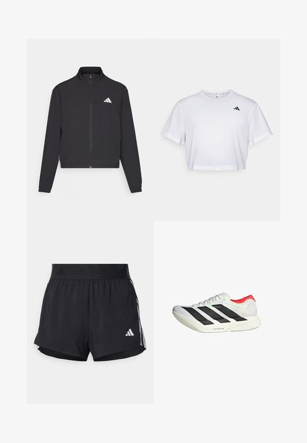 adidas Performance TRAIN ESSENTIALS 3 STRIPES WARM UP - Sportovní bunda - black/white; Bílý zkrácený tričko vyrobené z měkké látky, s krátkými rukávy a kulatým výstřihem. Černé logo na levé hrudi.; Černé sportovní šortky s elastickým pasem, s texturovaným páskem, bočními pruhy a bílým logem Adidas na dolním lemu.; Bílé sportovní boty s černými pruhy a červeným podpatkem. Lehký síťovaný svršek, texturovaný materiál a vzorované akcenty na podrážce.