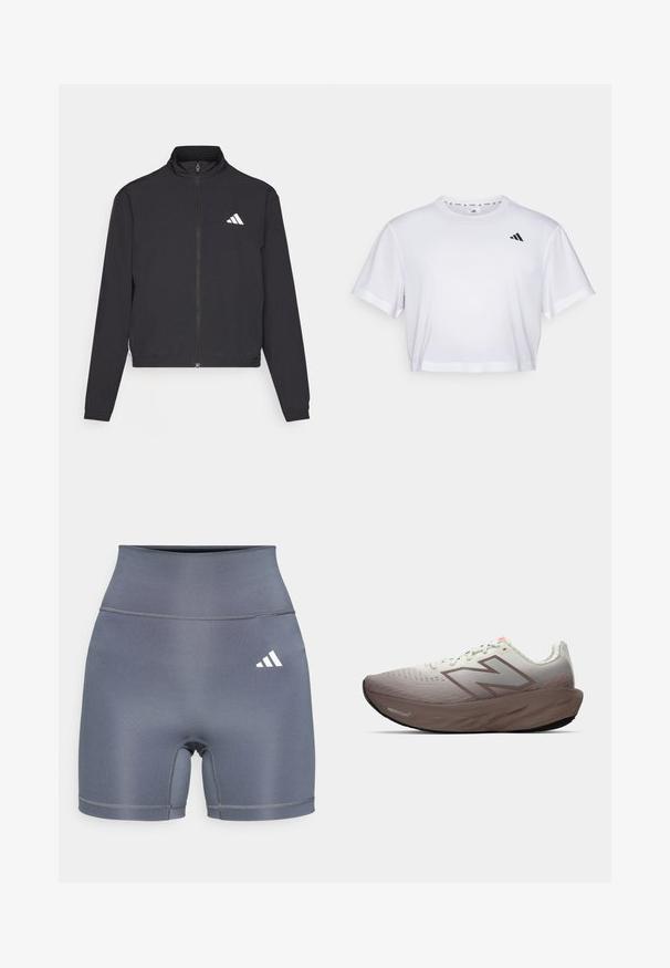 adidas Performance TRAIN ESSENTIALS 3 STRIPES WARM UP - Training jacket - black/white; White cropped t-shirt made from soft fabric, featuring short sleeves and a round neckline. Black logo on the left chest.; Gray athletic shorts with a high waistband, made of smooth fabric. Features double stitching and a white Adidas logo on the left side.; Running shoe with gradient grey and brown upper, thick brown sole labeled "Fresh Foam," and New Balance logo on side.