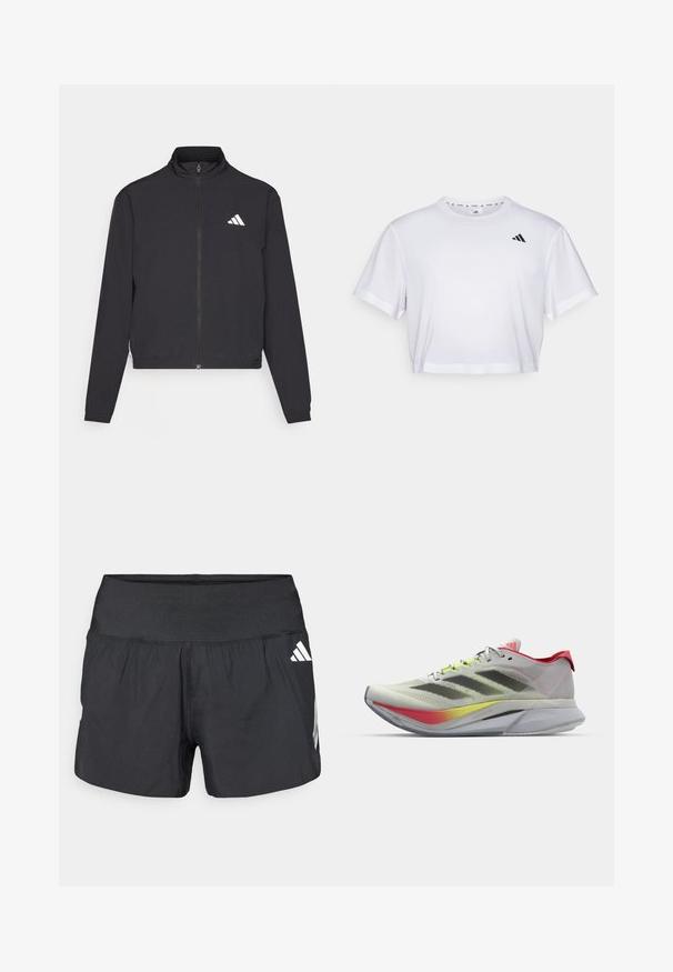 adidas Performance TRAIN ESSENTIALS 3 STRIPES WARM UP - Training jacket - black/white; White cropped t-shirt made from soft fabric, featuring short sleeves and a round neckline. Black logo on the left chest.; Black athletic shorts featuring a wide elastic waistband, lightweight fabric, and white logo accents on the lower side.; Lightweight running shoes in light gray with a red accent; features a breathable mesh upper, black stripes, and a colorful gradient sole.