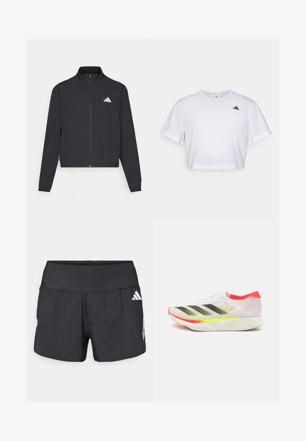 adidas Performance TRAIN ESSENTIALS 3 STRIPES WARM UP - Training jacket - black/white; White cropped t-shirt made from soft fabric, featuring short sleeves and a round neckline. Black logo on the left chest.; Black athletic shorts featuring a wide elastic waistband, lightweight fabric, and white logo accents on the lower side.; Sport shoe with a white mesh upper, black stripes, neon yellow and pink accents, and a lightweight white outsole labeled "LIGHTSTRIKE PRO."