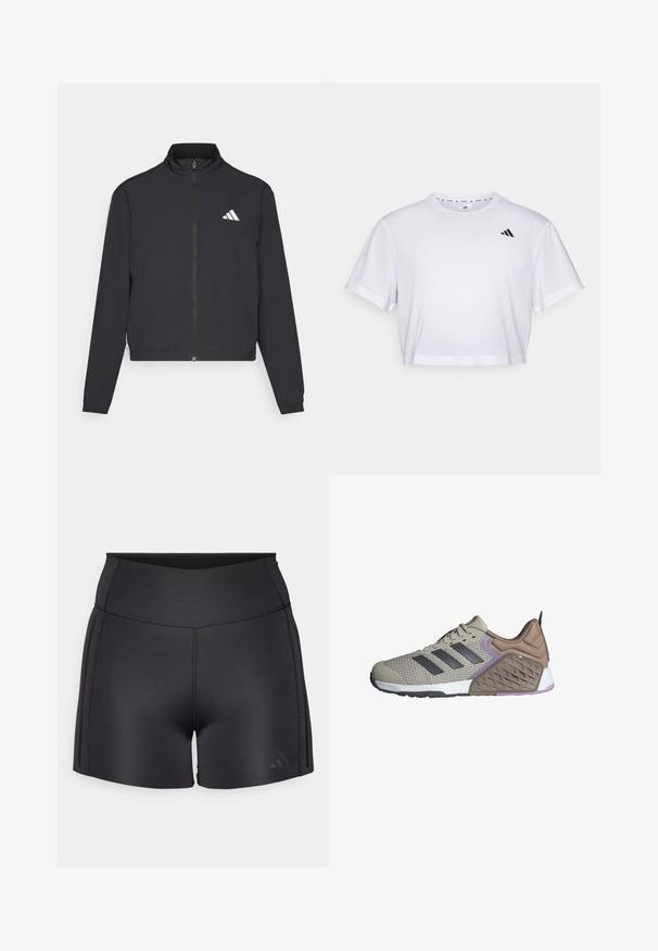 adidas Performance TRAIN ESSENTIALS 3 STRIPES WARM UP - Jakna za treniranje - black/white; Bijela skraćena majica od mekog materijala, s kratkim rukavima i okruglim izrezom. Crni logo na lijevoj strani prsnog koša.; Crne atletske kratke hlače od rastezljivog materijala, sa visokim strukom, ravnim šavovima i diskretnim Adidas logotipom u donjem kutu.; Bežna atletska cipela s sivim akcentima, teksturirana mrežasta gornja strana, podstavljeni ovratnik i potplat dualne gustoće s uzorkovanim dizajnom i ljubičastim detaljima.