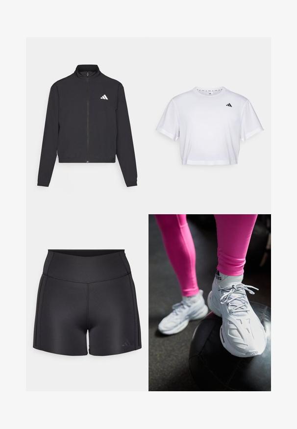 adidas Performance TRAIN ESSENTIALS 3 STRIPES WARM UP - Tréningová bunda - black/white; Biely skrátený tričko vyrobené z mäkkého materiálu, s krátkymi rukávmi a okrúhlym výstrihom. Čierne logo na ľavej hrudi.; Čierne atletické šortky vyrobené z pružného materiálu, so širokým pásom, plochými švami a decentným logom Adidas v dolnom rohu.; Biele športové topánky s sieťovinou a syntetickými prekrytiami, s šnúrkami, zakriveným dizajnom, odpočíva na čiernej medicínskej lopte, na tmavom pozadí.