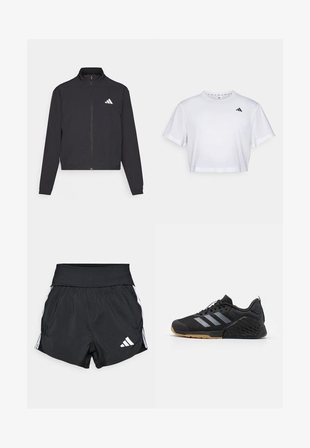 adidas Performance TRAIN ESSENTIALS 3 STRIPES WARM UP - Träningsjacka - black/white; Vit kortärmad t-shirt i mjukt material, med rund halsringning. Svart logotyp på vänster bröst.; Svarta atletiska shorts i lätt material, med en bred midja, vita sidostycken och en liten vit logotyp i nederkanten.; Svart idrottssko med mesh-överdel, grå tre-stripes design, gummisula och texturerade detaljer på hälen och sidan.