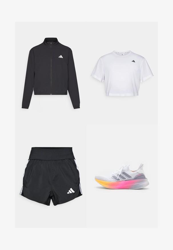 adidas Performance TRAIN ESSENTIALS 3 STRIPES WARM UP - Sportinė striukė - black/white; Balta trumpa marškinėliai, pagaminti iš švelnios medžiagos, su trumpomis rankovėmis ir apvaliu iškirpimu. Juodas logotipas kairėje krūtinės pusėje.; Juodi sportiniai šortai, pagaminti iš lengvo audinio, su plačiu juosmeniu, baltais šonų dryžiais ir maža balta logo apatinėje siūlės dalyje.; Balti sportiniai bateliai su kvėpuojančiu mezginiu, trimis pilkomis juostelėmis ir gradientiniu rožiniu-į-geltoną padu. Yra paminkštintas padas.