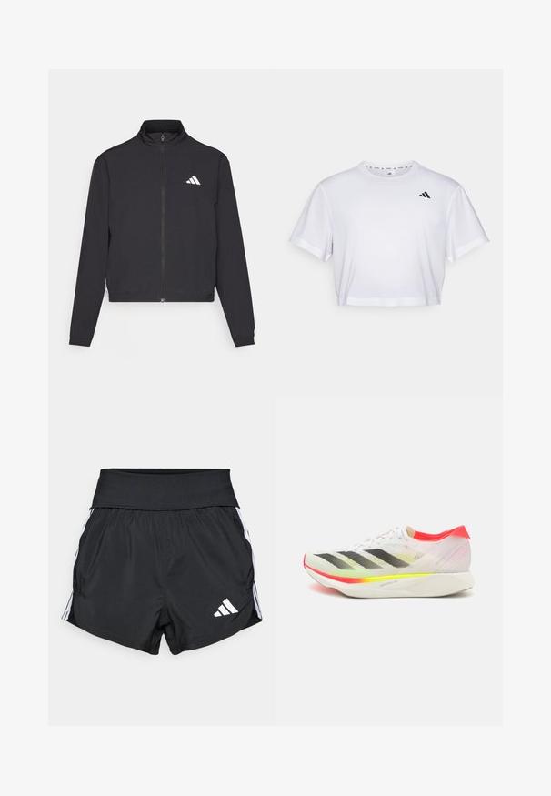 adidas Performance TRAIN ESSENTIALS 3 STRIPES WARM UP - Spordijakk - black/white; Valge lühikeste varrukatega krobitud t-särk, mis on valmistatud pehmest kangast ja millel on ümmargune kaelus. Vasakul rinnal must logo.; Mustad mustad lühikesed püksid, mis on valmistatud kergest materjalist, laia vöökoha, valgete külgtriipude ja väikese valge logoga alumises servas.; Spordijalats valge sissetõmmatava külge, mustad triibud, neoonkollased ja roosa aktsendid ning kerge valge välispohjaga, millel on silt "LIGHTSTRIKE PRO".