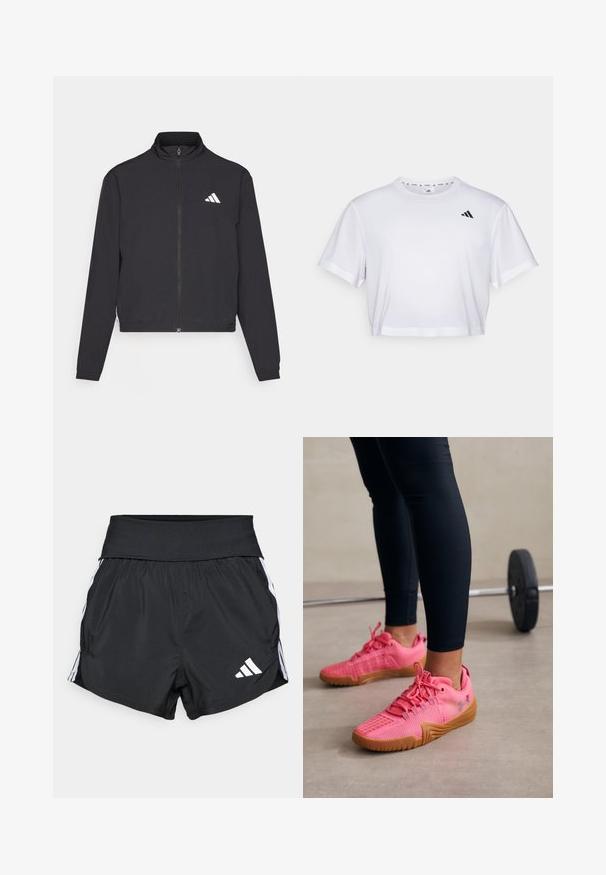 adidas Performance TRAIN ESSENTIALS 3 STRIPES WARM UP - Training jacket - black/white; White cropped t-shirt made from soft fabric, featuring short sleeves and a round neckline. Black logo on the left chest.; Black athletic shorts made of lightweight material, featuring a wide waistband, white side stripes, and a small white logo on the lower hem.; Pink athletic shoes with a textured mesh upper, reinforced toe, and rubber gum sole, paired with black fitted leggings.