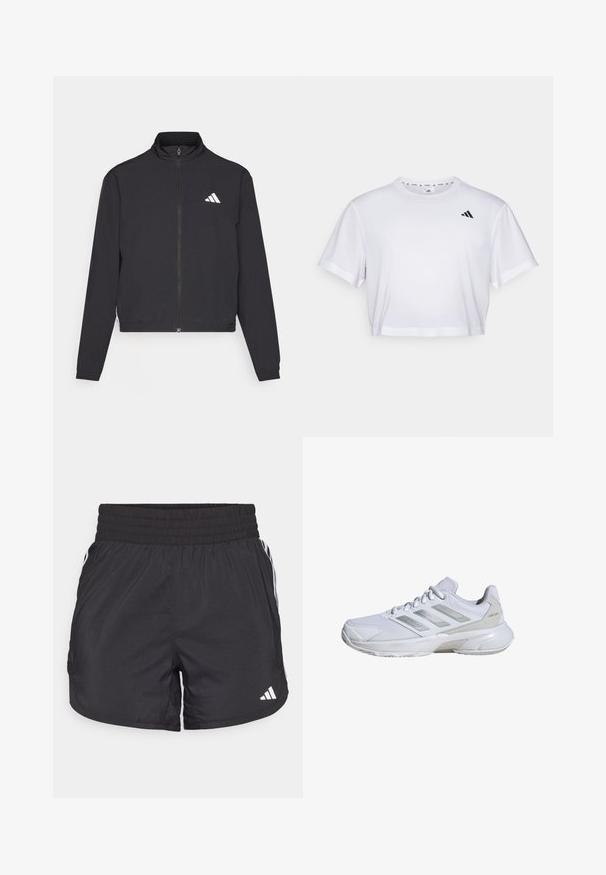 adidas Performance TRAIN ESSENTIALS 3 STRIPES WARM UP - Treningsjakke - black/white; Hvit kortermet t-skjorte laget av mykt stoff, med korte ermer og rund hals. Svart logo på venstre bryst.; Svarte treningsshorts med elastisk midje, sidelommer og hvite stripeaksenter på sidene. Laget av lett materiale.; Hvit idrettsko med pustende mesh-overdel, sølvdetaljer, dempet såle og sikker snøresystem. Teksturert panel på sidene.