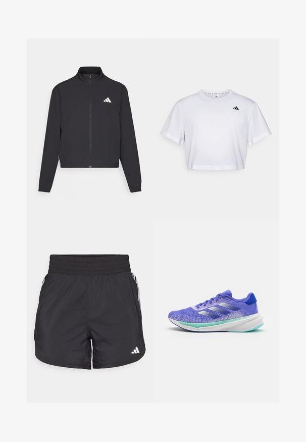 adidas Performance TRAIN ESSENTIALS 3 STRIPES WARM UP - Verryttelytakki - black/white; Valkoinen lyhythihainen t-paita, joka on valmistettu pehmeästä kankaasta. Pyöreä pääntie. Musta logo vasemmassa rinnassa.; Mustat urheilushortsit, joissa on joustava vyötärö, sivutaskut ja valkoiset raidat sivuilla. Valmistettu kevyestä materiaalista.; adidas Performance SUPERNOVA STRIDE - Katujuoksukengät - blue/zero metallic/purple tint